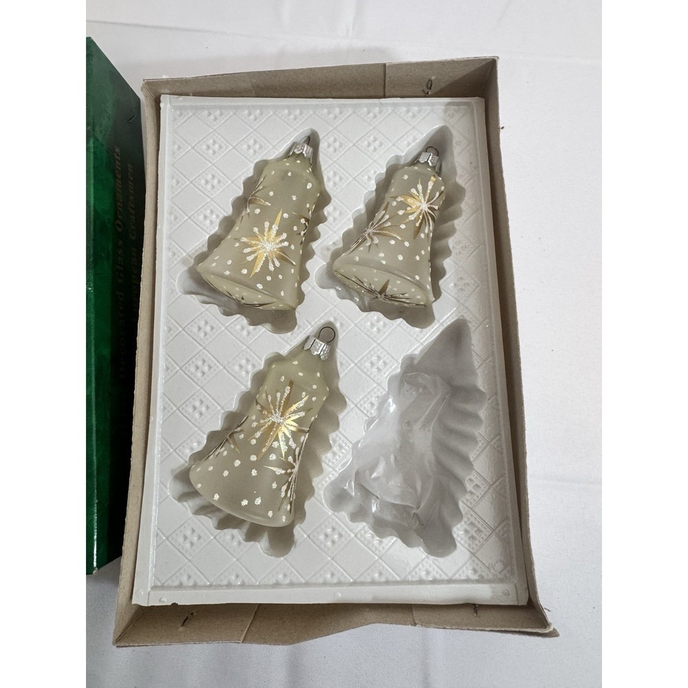 Vintage Commodore Glass Ornaments Bell Shaped White Gold Silver Hand Blown 3